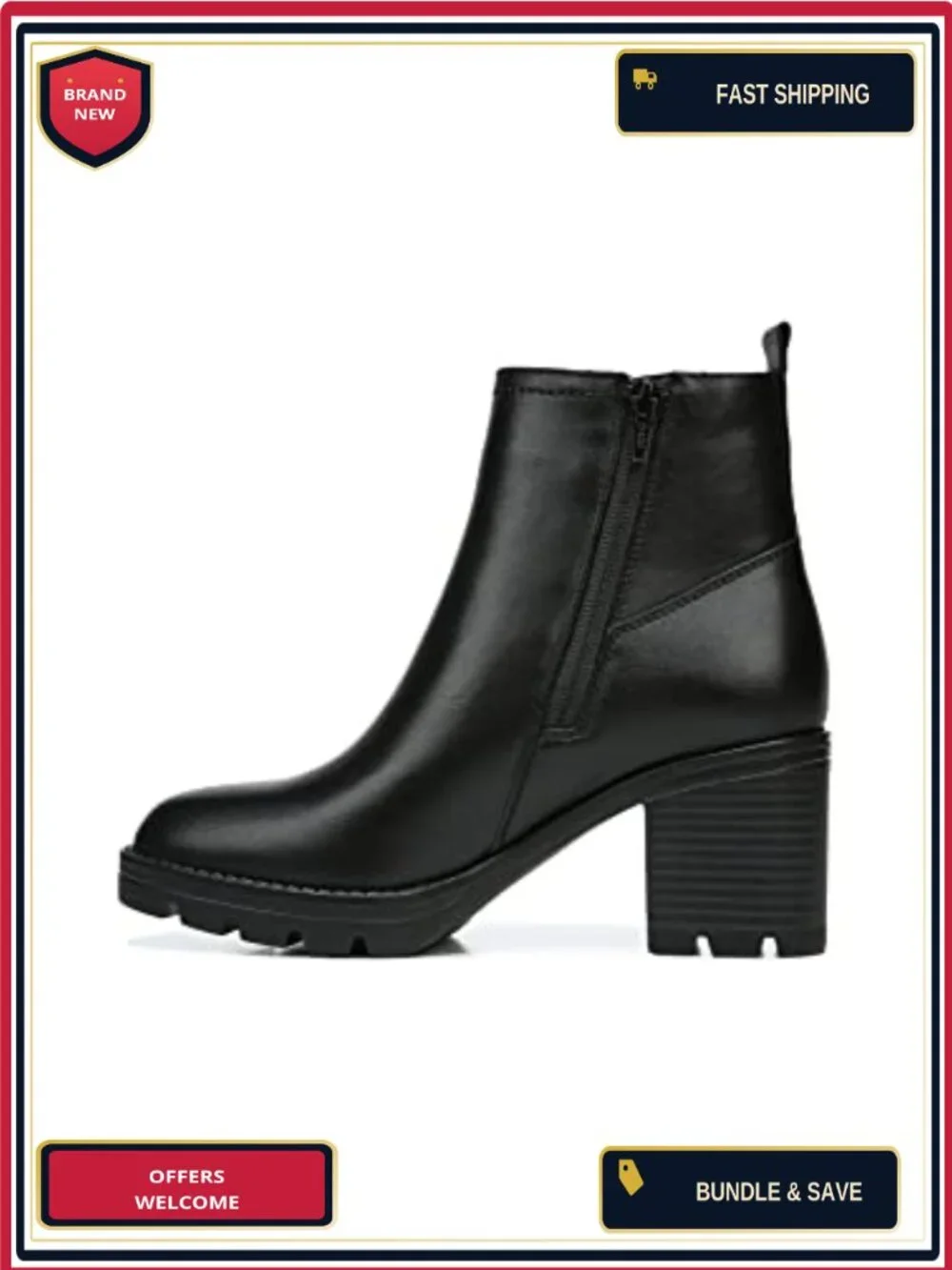 Waterproof Leather Ankle Bootie with Lug Sole, Side Zip, Block Heel